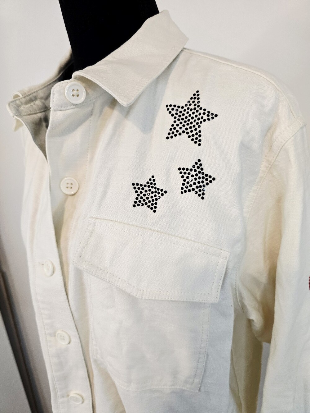 Peace Love World White Studded Star Utility Jacket Shacket Cotton Oversized Y2K - Picture 3 of 15